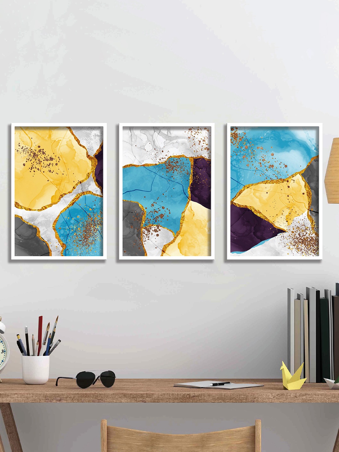 

SAF White & Yellow 3 Pieces Abstract Painting Framed Wall Arts