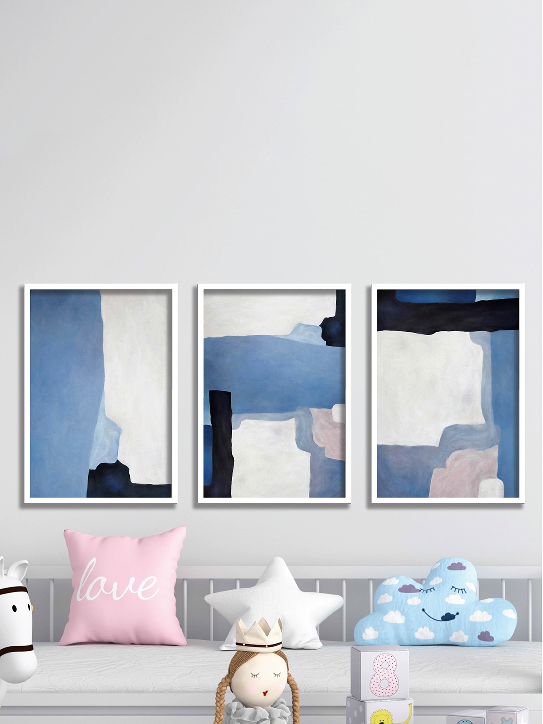 

SAF White & Blue 3 Pieces Abstract Painting Framed Wall Arts