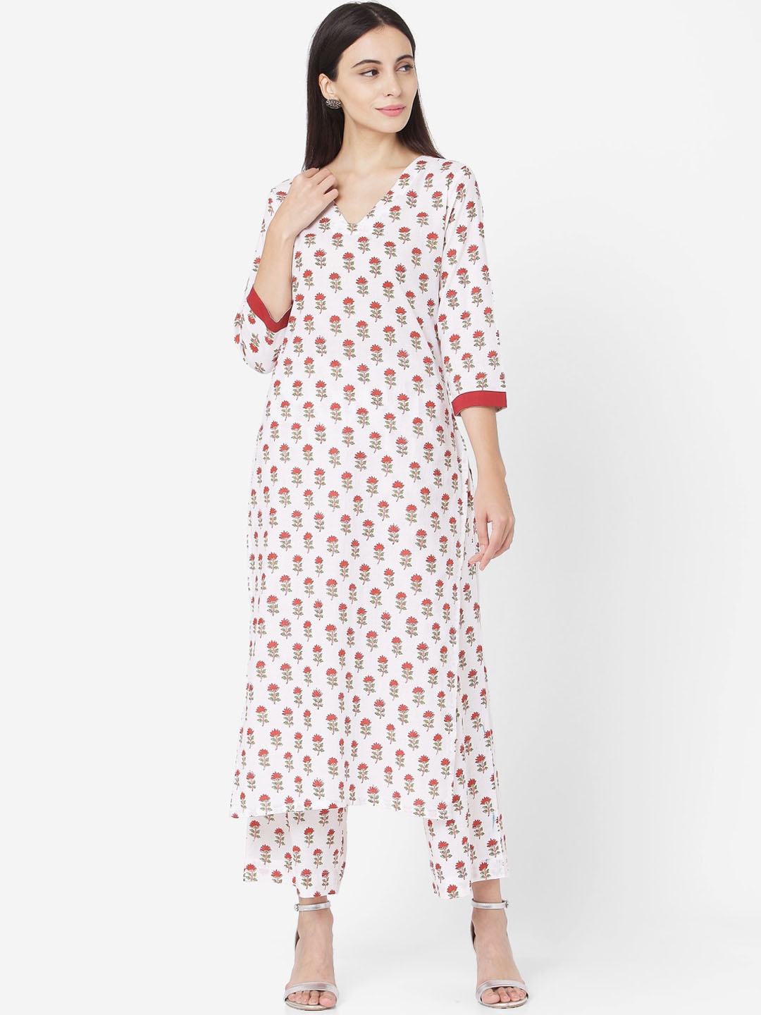 

Saanjh Women White & Red Floral Printed Pure Cotton Kurta With Palazzos