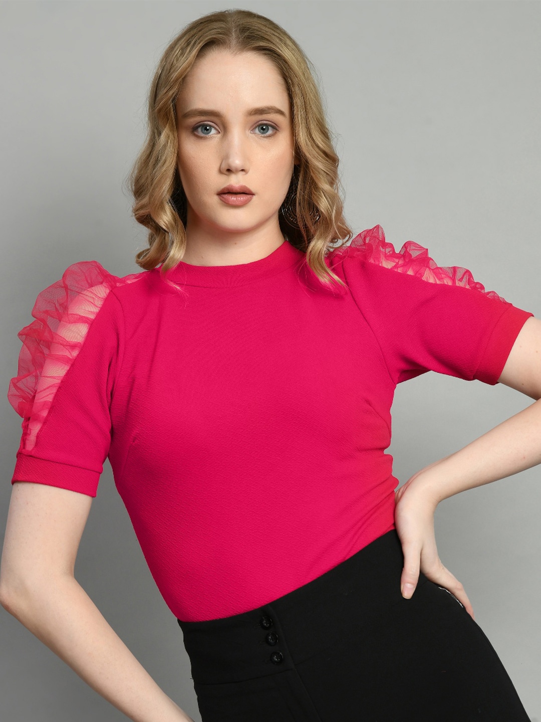 

IUGA Round Neck Puff Sleeves Fitted Top, Magenta