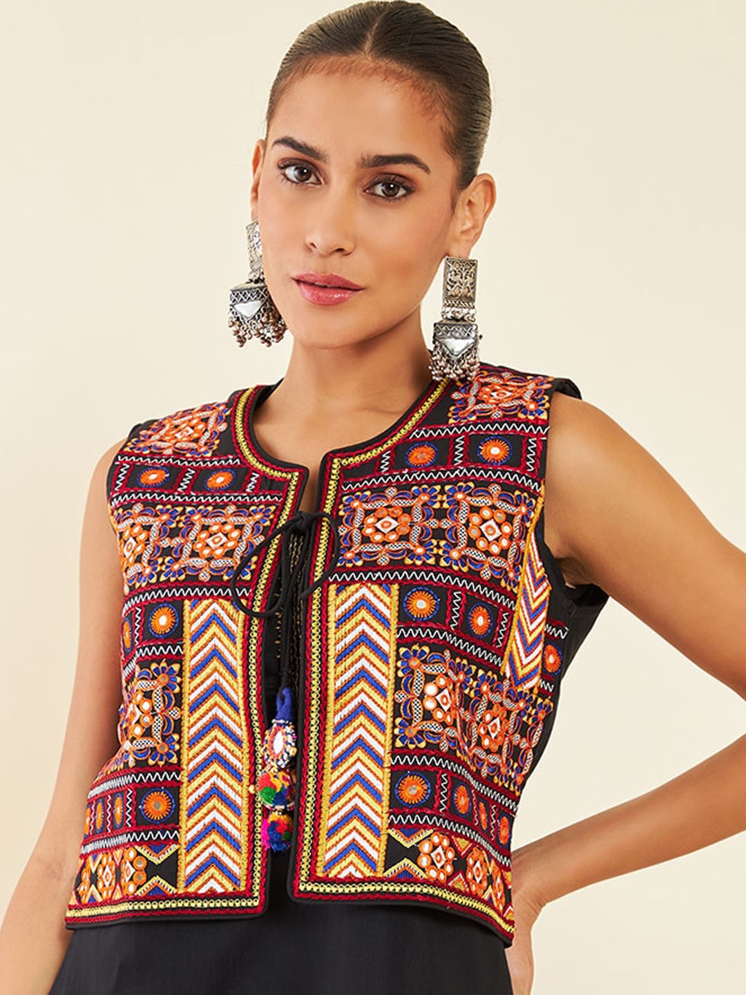 

Soch Ethnic Motifs Embroidered Crop Tailored Jacket, Black