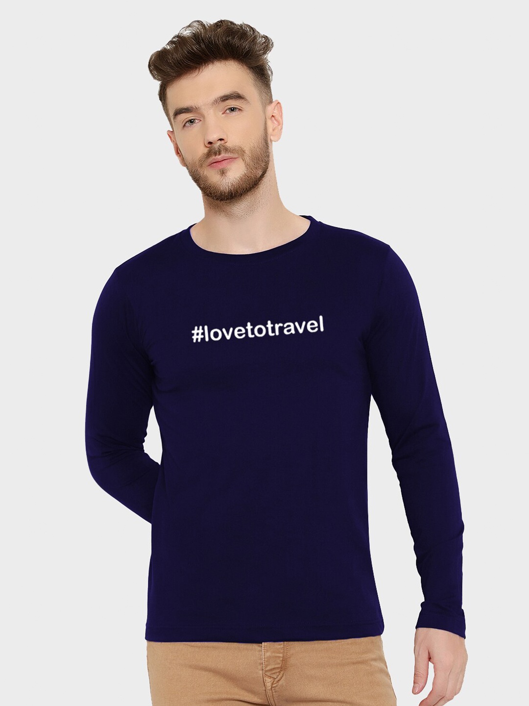T-SHIRT TRUCK Men Navy Blue Typography Extended Sleeves T-shirt