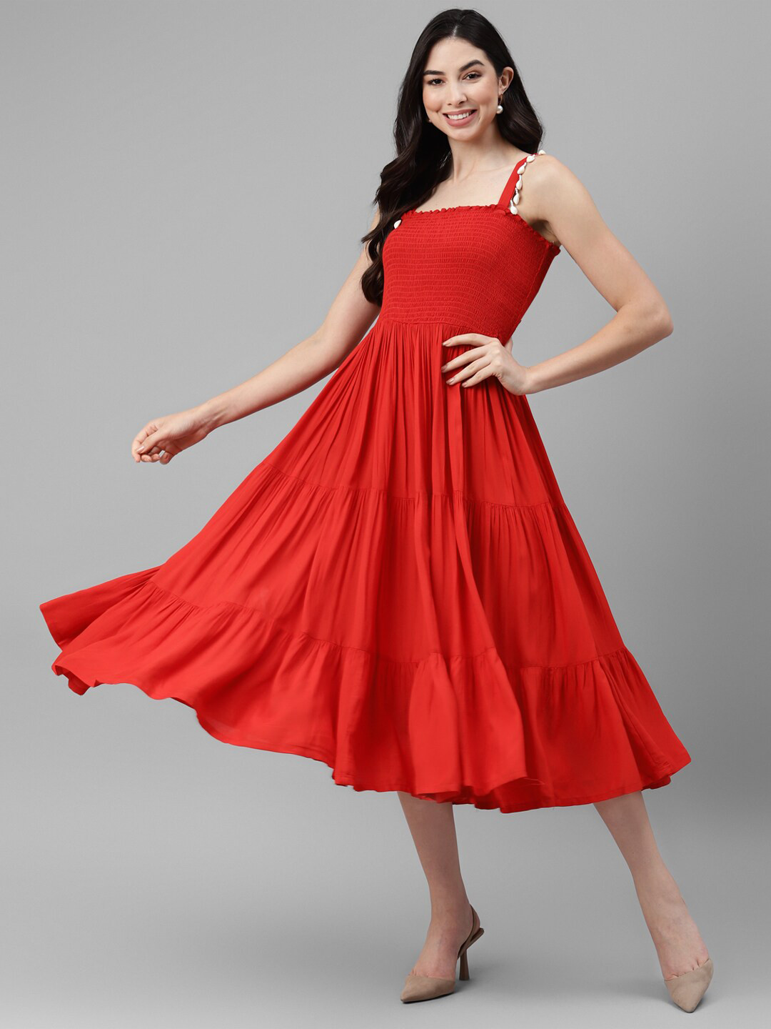 

DEEBACO Red Fit & Flare Midi Dress