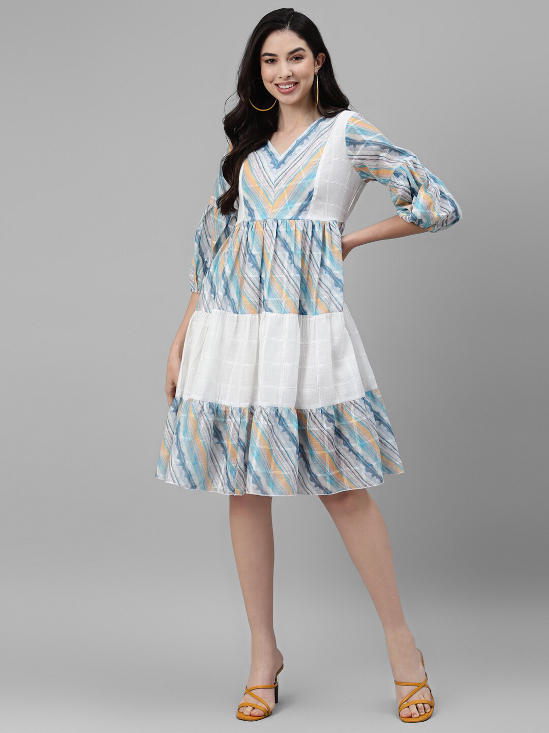 

DEEBACO Multicoloured Print Puff Sleeve Linen A-Line Dress, Multi