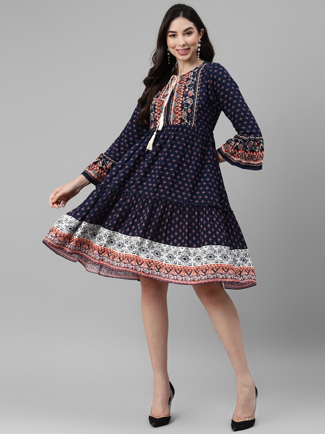 

DEEBACO Ethnic Motifs Print Tie-Up Neck Bell Sleeve A-Line Dress, Navy blue