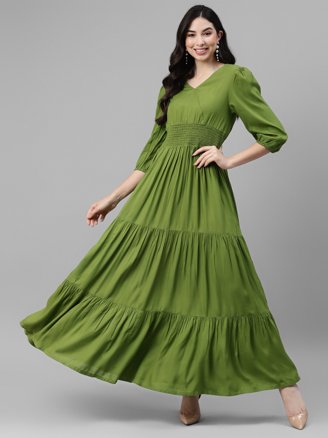 

DEEBACO Olive Green Puff Sleeve Maxi Dress