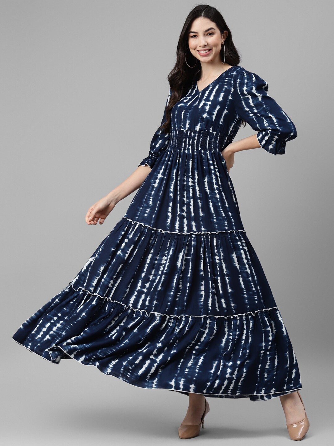 

DEEBACO Navy Blue Ethnic Motifs Print Maxi Dress