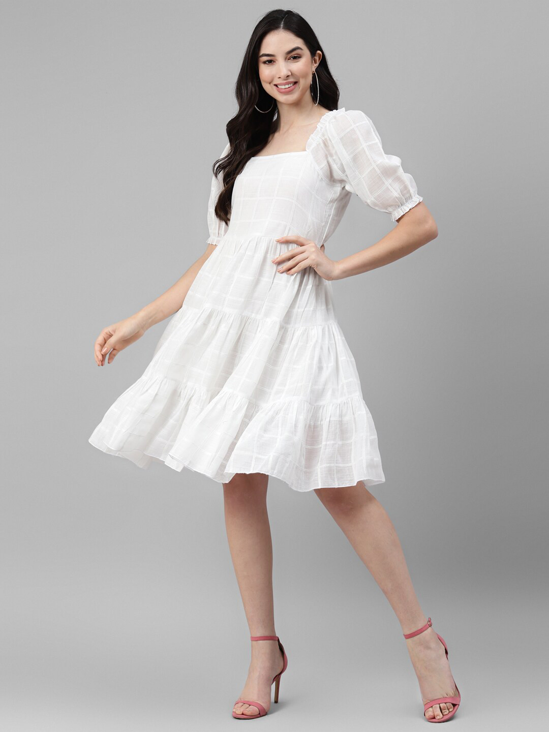 

DEEBACO White Puff Sleeve Linen Fit & Flare Dress