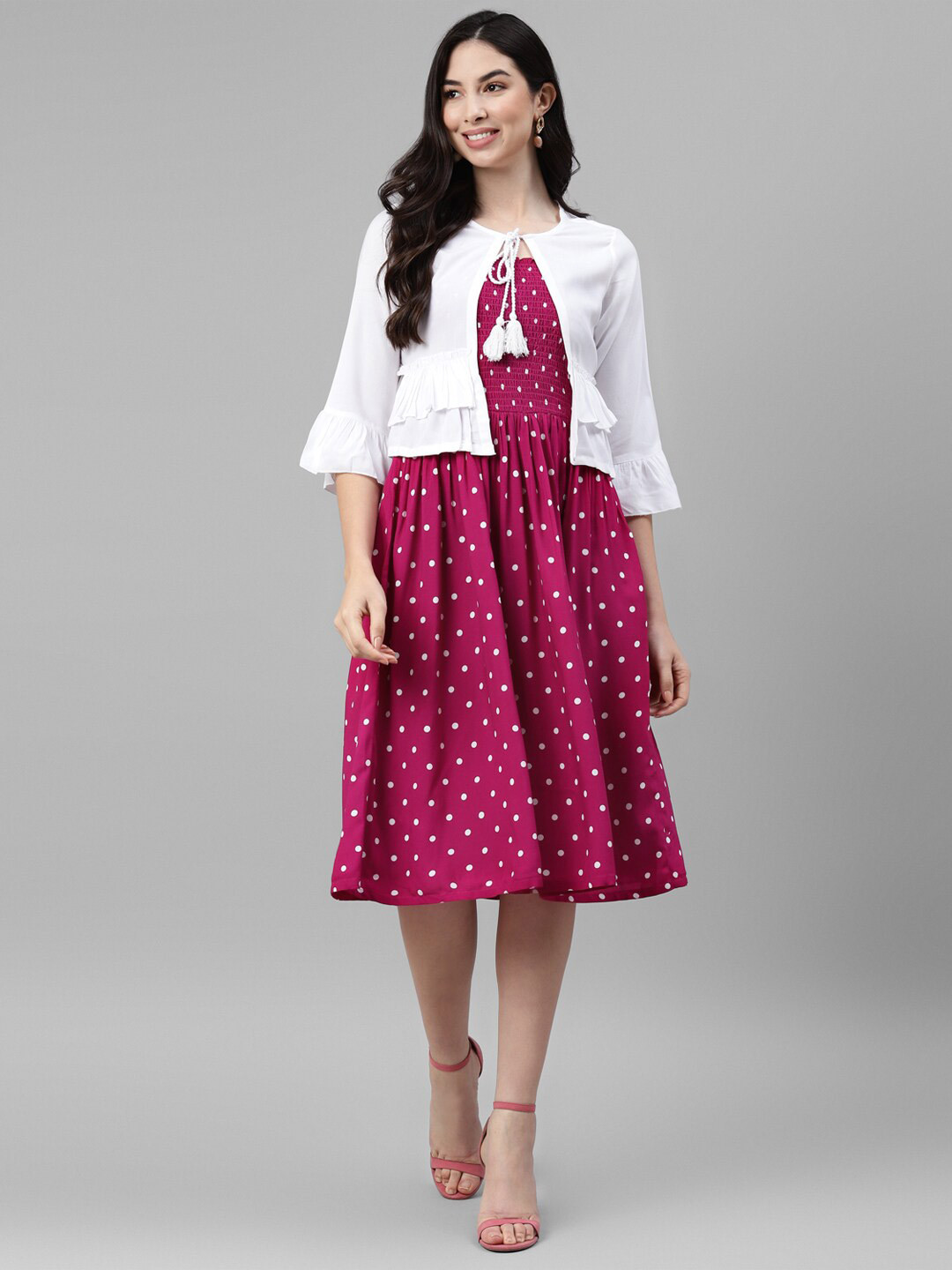 

DEEBACO Pink Ethnic Motifs Print Bell Sleeve Fit & Flare Dress