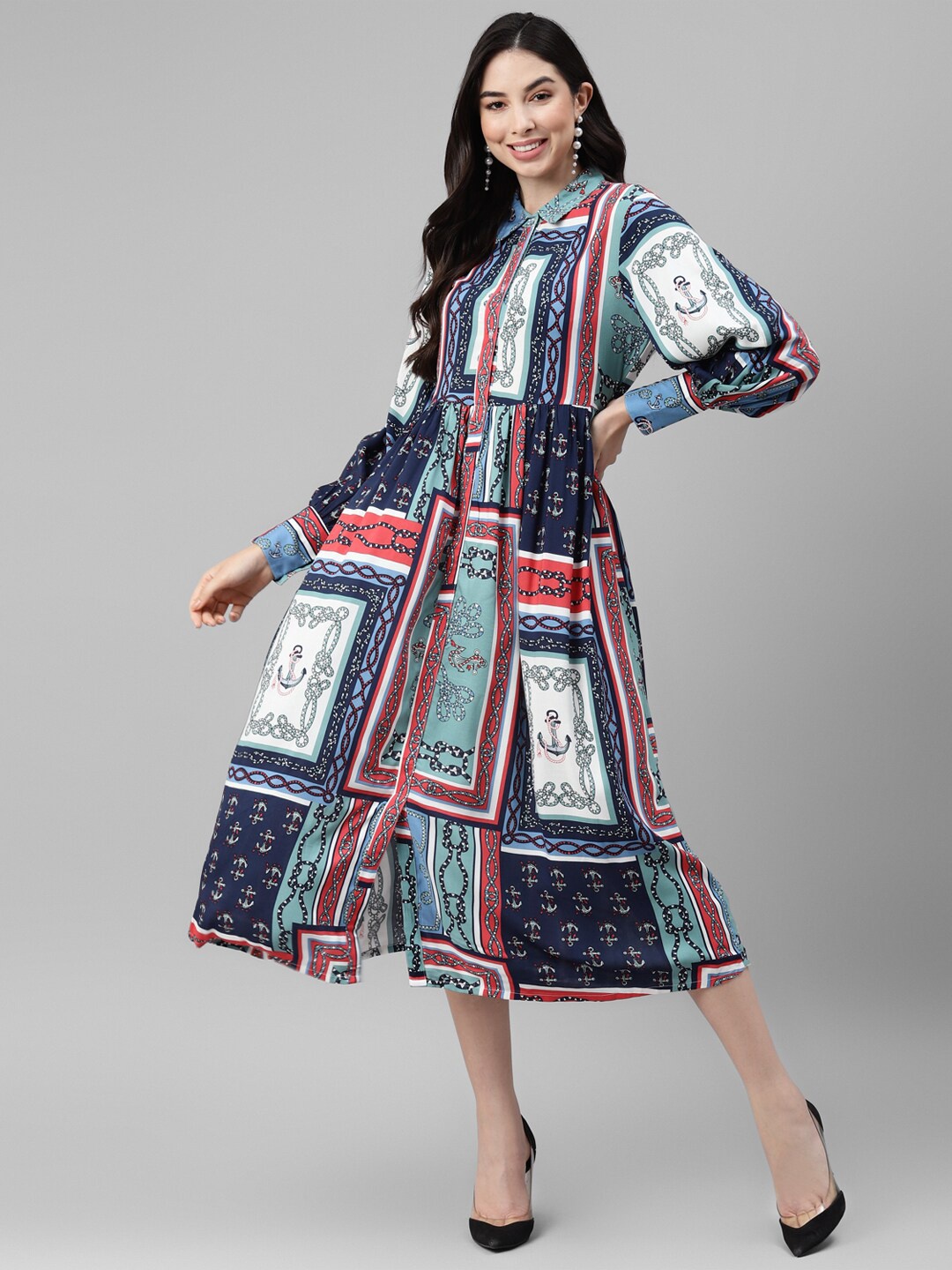 

DEEBACO Multicoloured Print Shirt Midi Dress, Multi