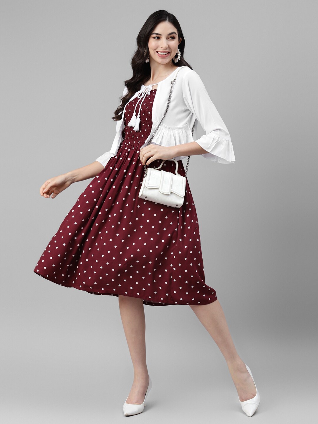 

DEEBACO Maroon Polka Dot Print Bell Sleeve Fit & Flare Dress