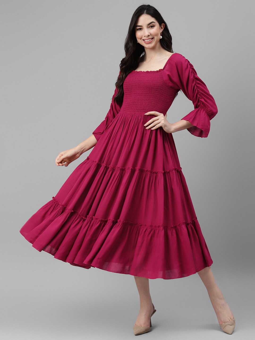 

DEEBACO Magenta Puff Sleeve A-Line Midi Dress