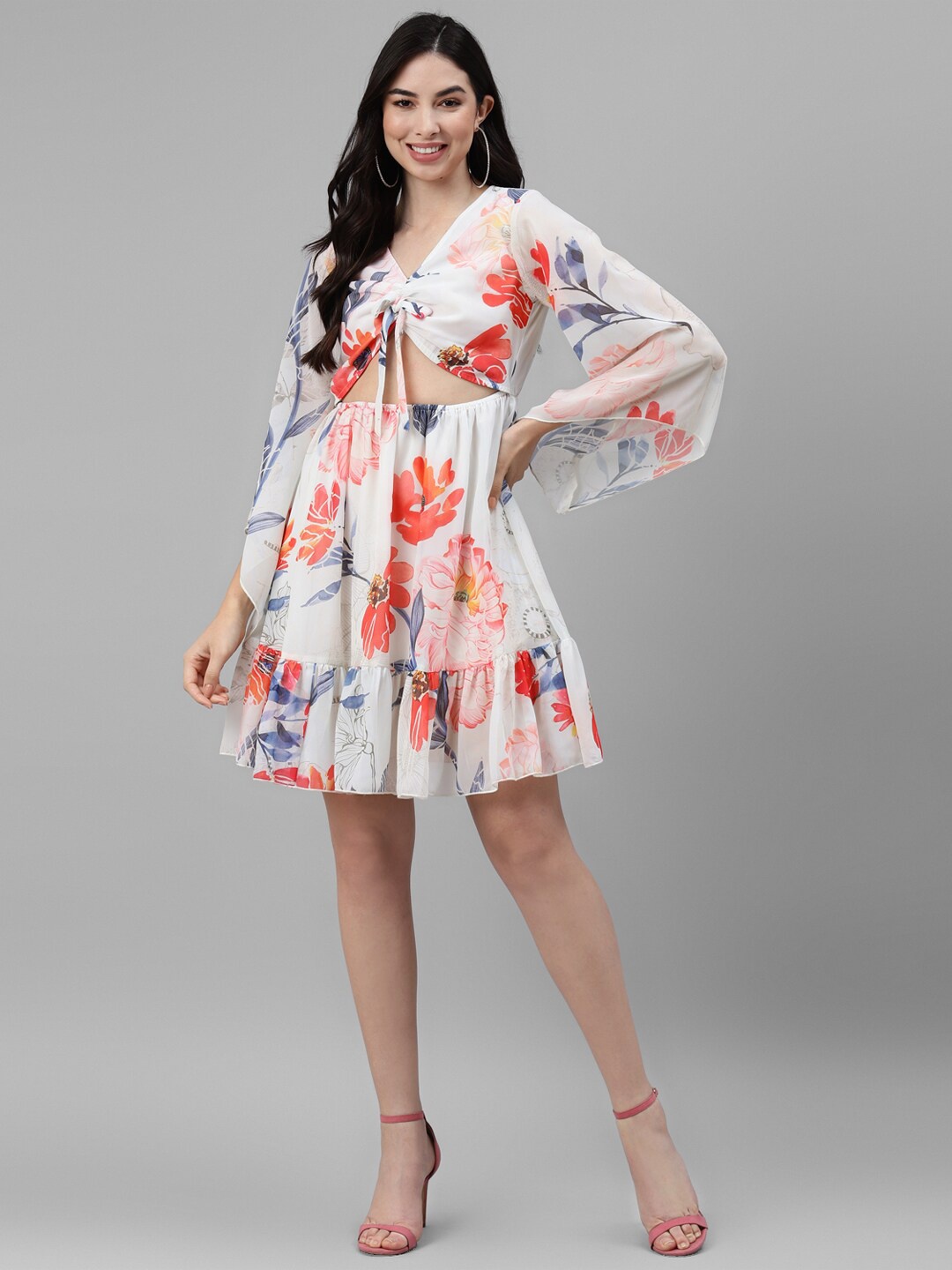 

DEEBACO White Floral Print Bell Sleeve Georgette A-Line Dress