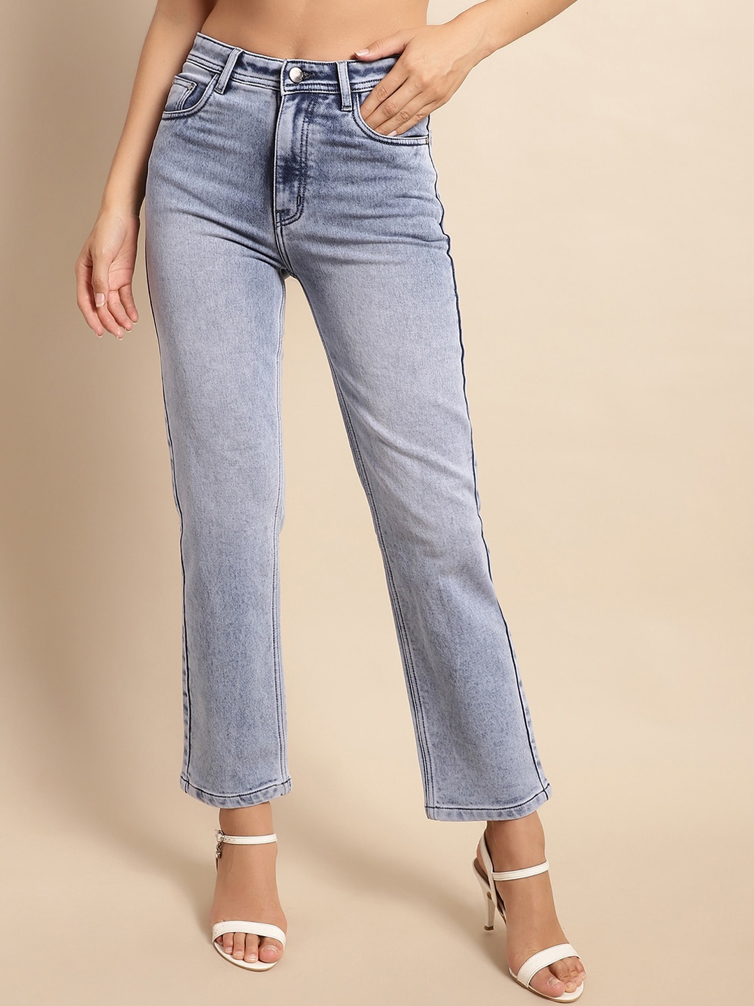

NULL NAUT Women Jean High-Rise Heavy Fade Straight Fit Stretchable Cropped Jeans, Blue