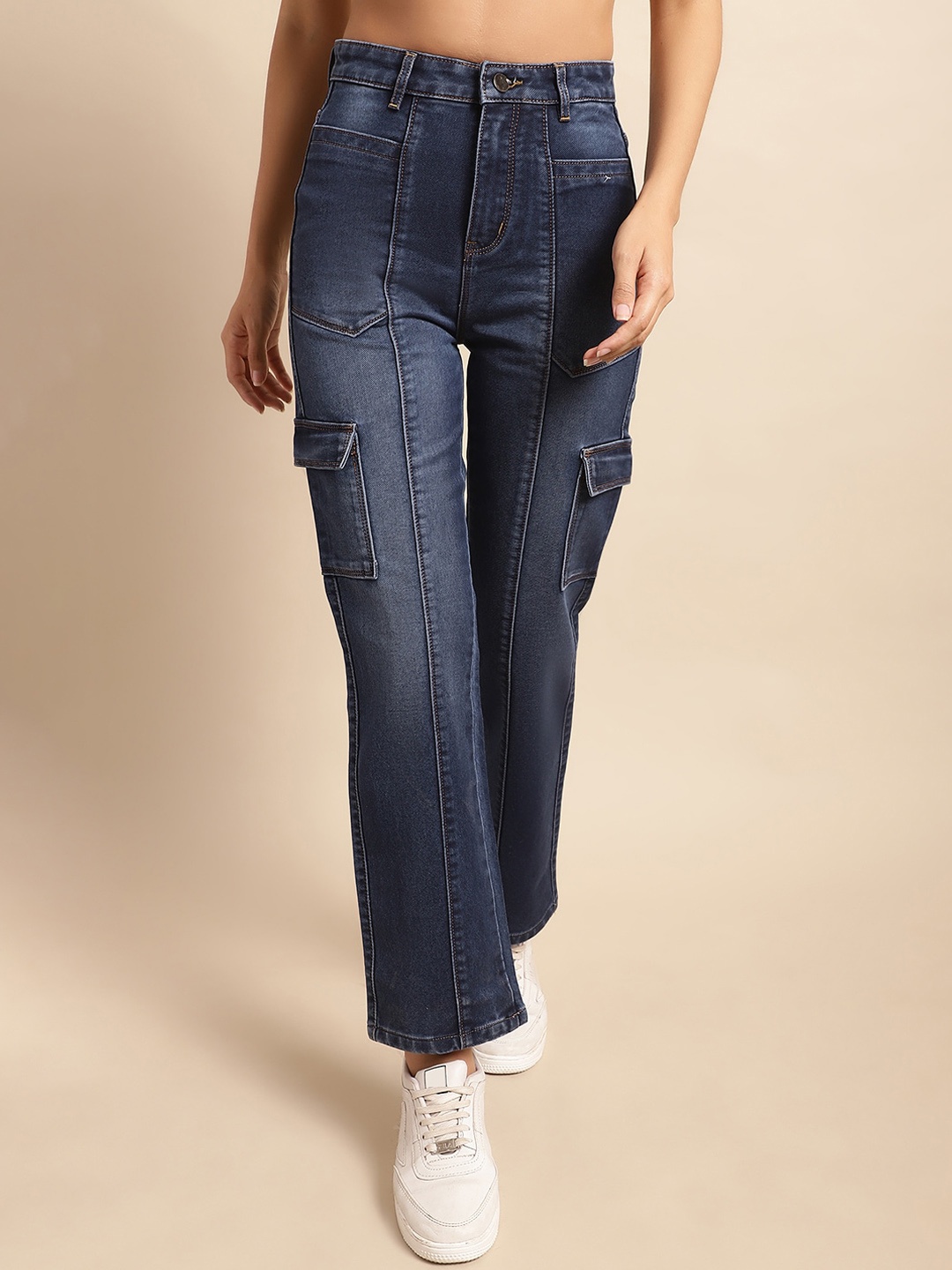 

NULL NAUT Women Blue Jean High-Rise Light Fade Straight Fit Stretchable Cropped Jeans