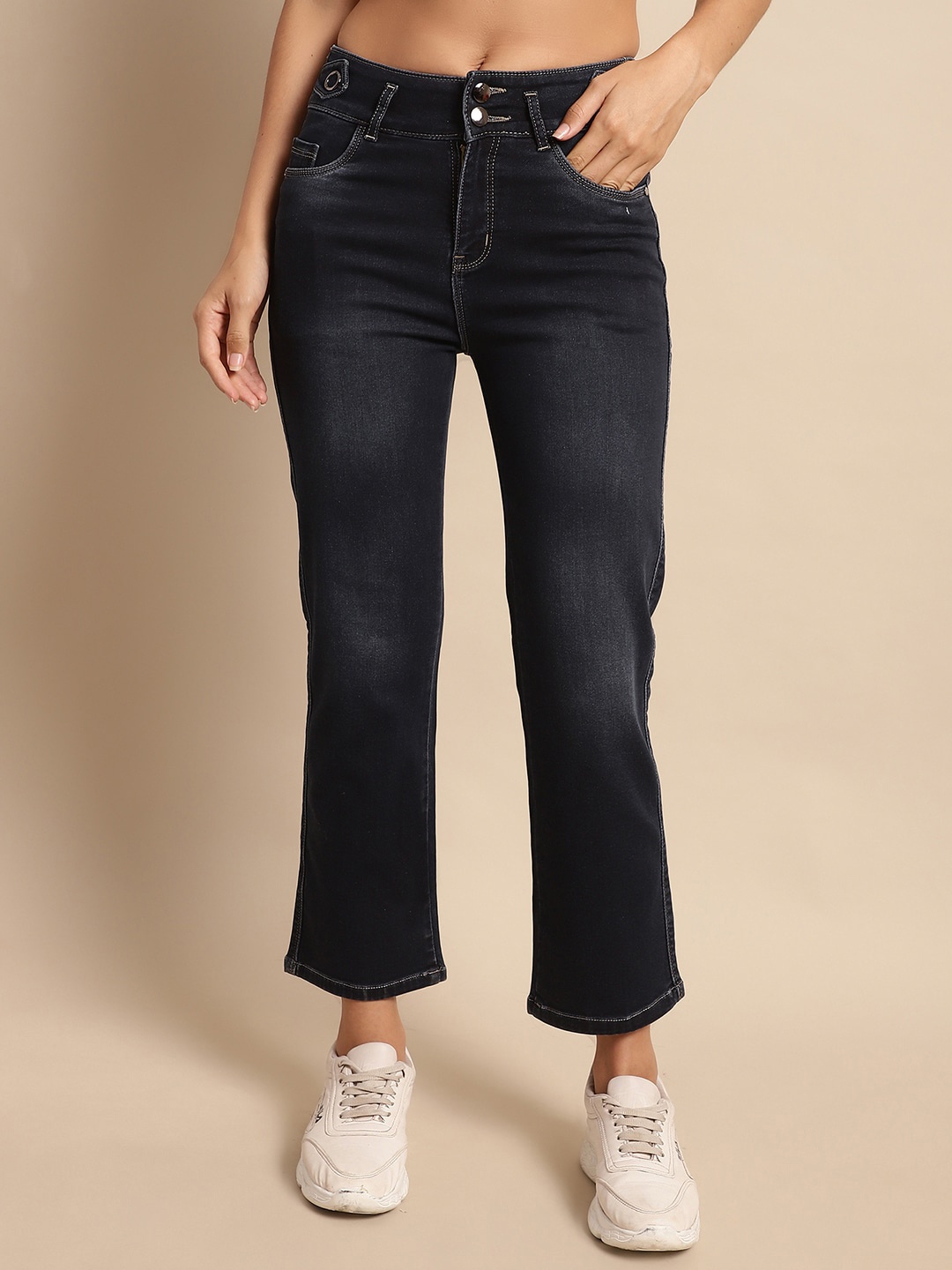 

NULL NAUT Women Jean High-Rise Light Fade Stretchable Flared Jeans, Navy blue