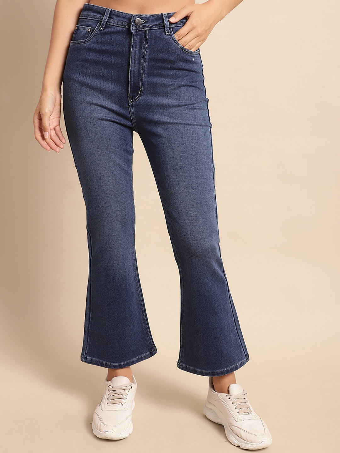

NULL NAUT Women Jean Bootcut Fit Mid-Rise Light Fade Whiskers Stretchable Jeans, Blue