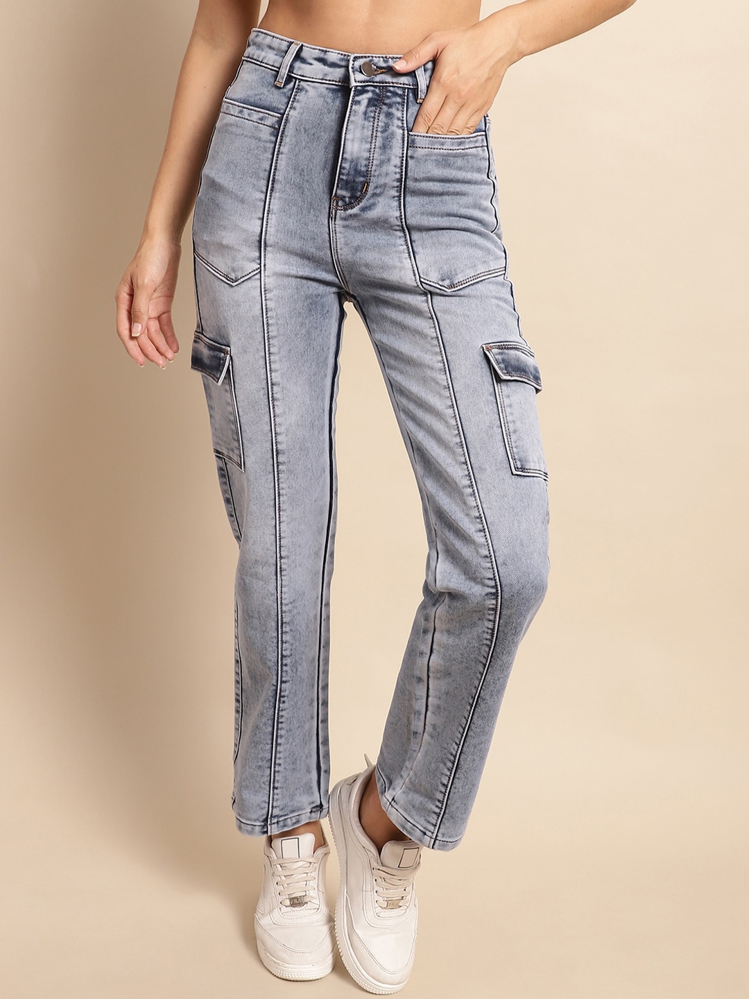 

NULL NAUT Women Jean High-Rise Heavy Fade Straight Fit Stretchable Cropped Jeans, Blue