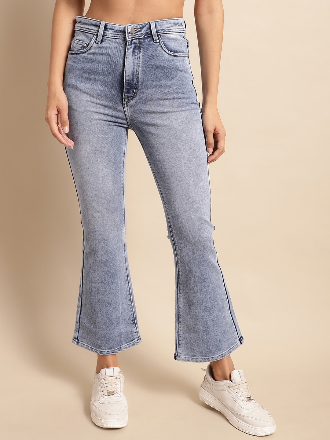 

NULL NAUT Women Jean High-Rise Light Fade Stretchable Cropped Bootcut Jeans, Blue