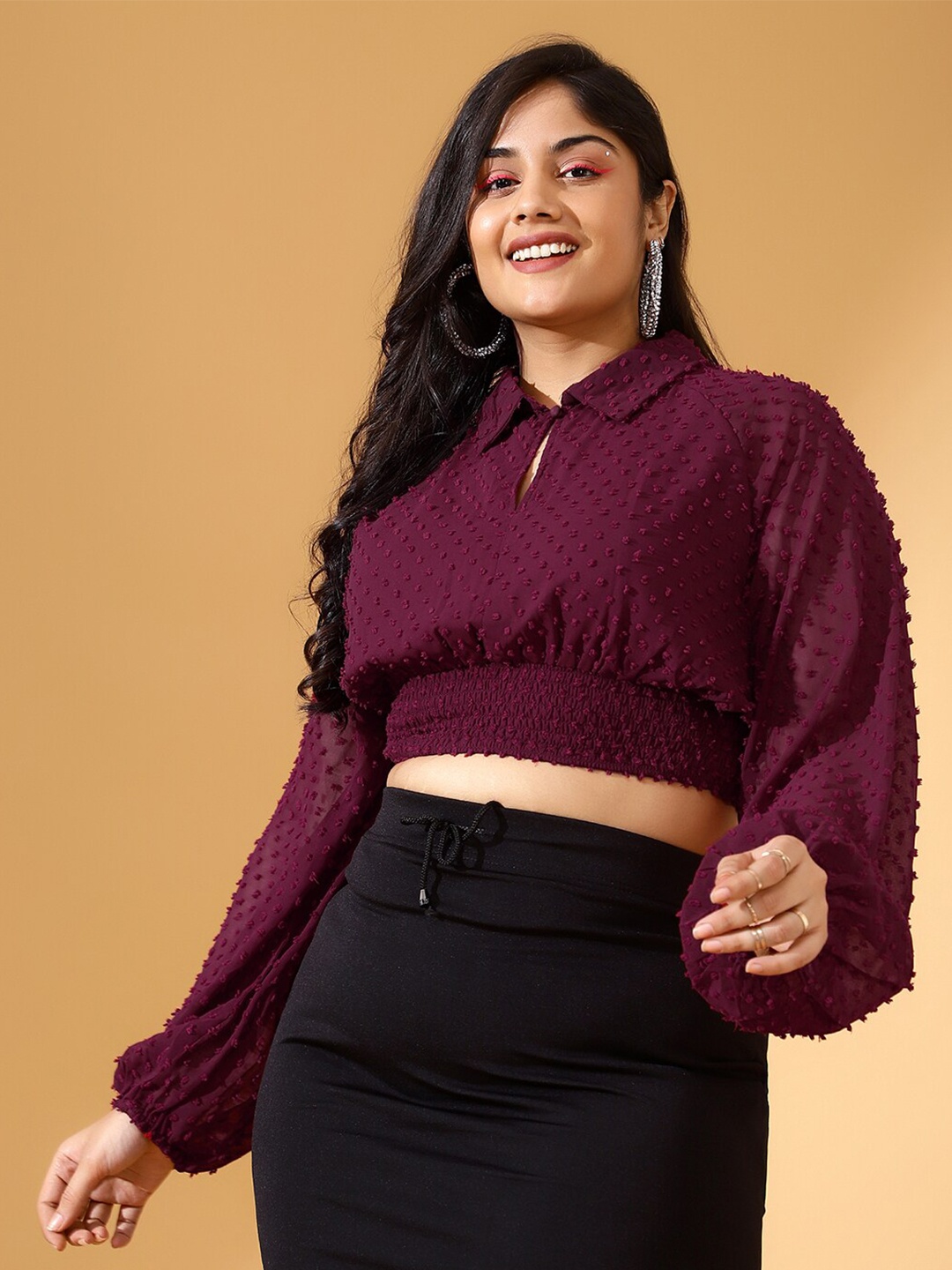 

CURVE BY KASSUALLY Maroon Tie-Up Neck Puff Sleeve Georgette Blouson Top