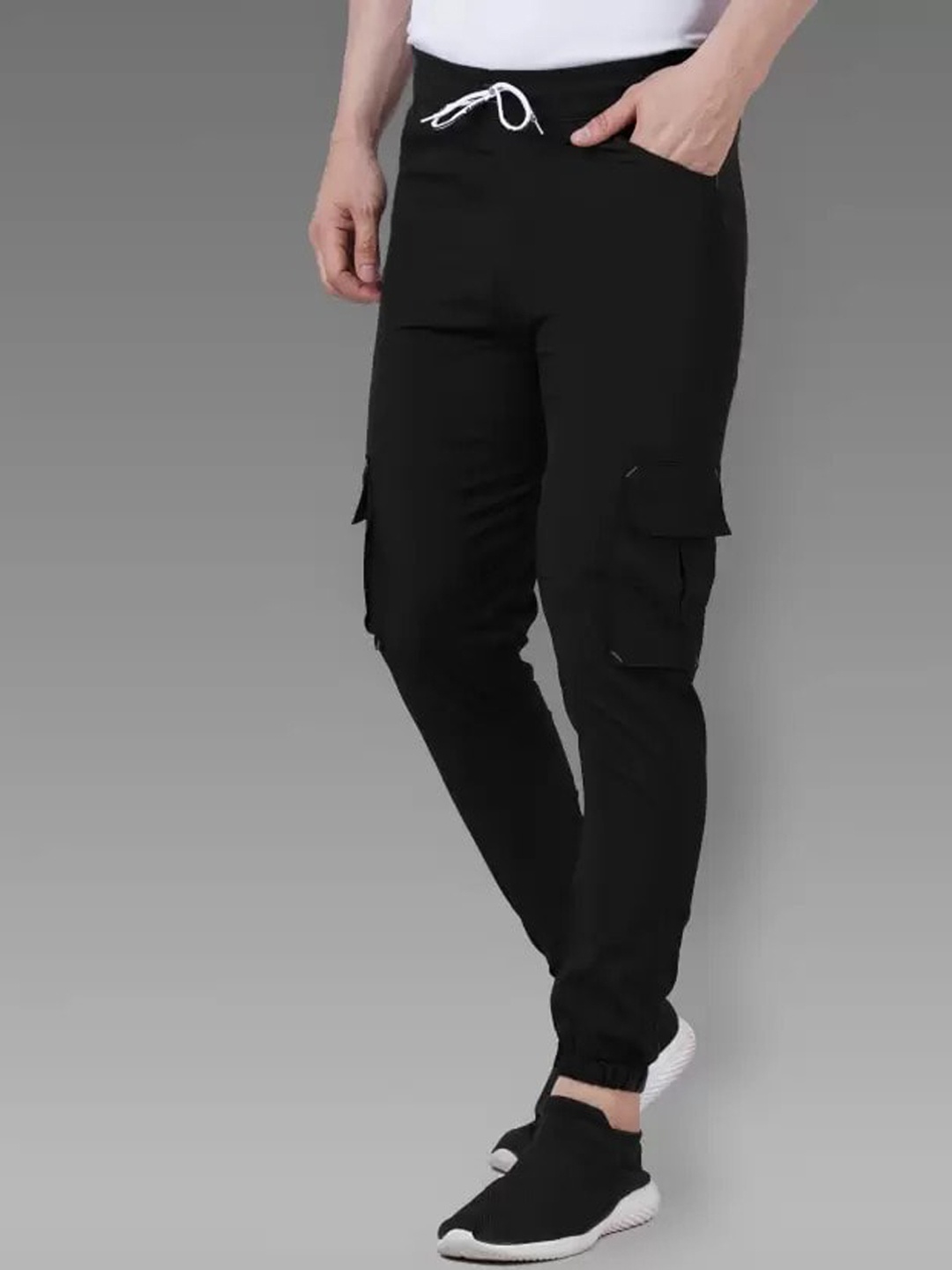 

PLUS 91 Men Stretchable Mid-Rise Cargo Joggers, Black