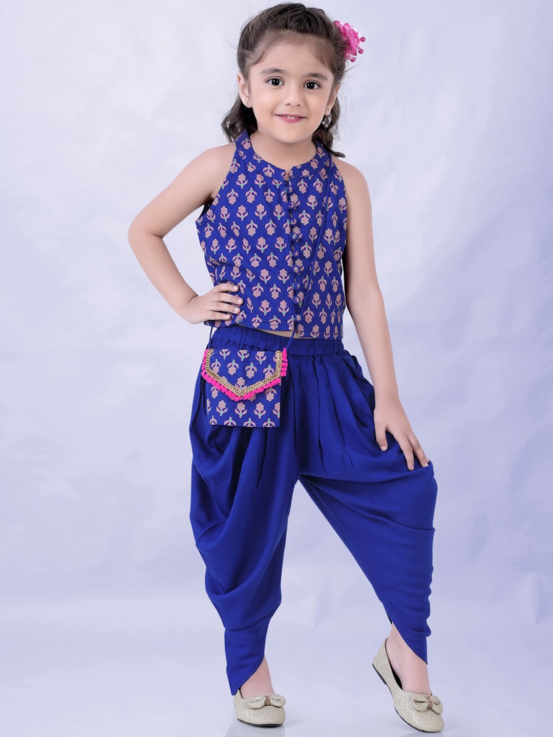 

Lil Peacock Girls Printed Top with Dhoti Pants, Blue