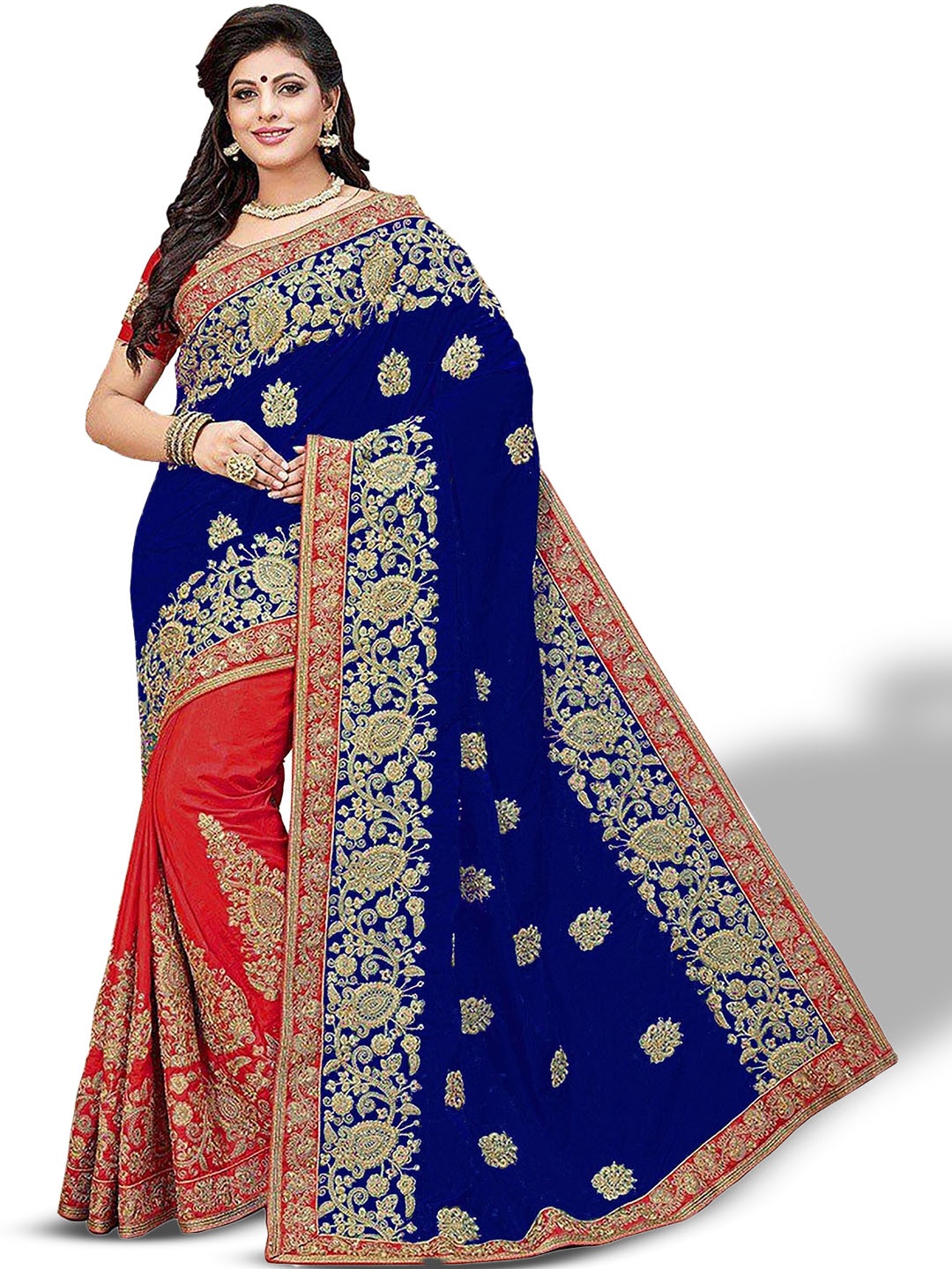 

Kedar Fab Floral Embroidered Silk Blend Half and Half Saree, Navy blue