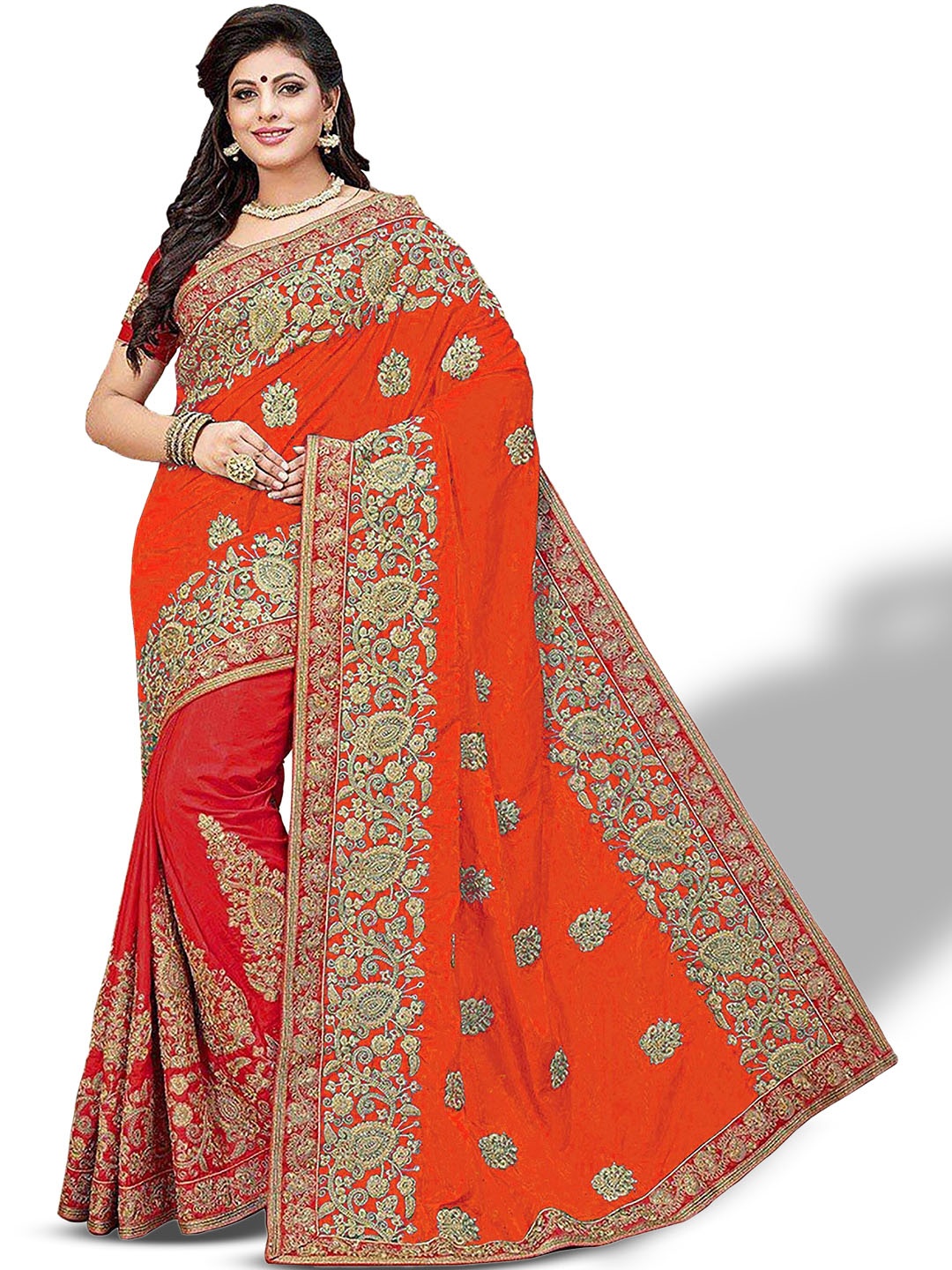 

Kedar Fab Ethnic Motifs Embroidered Saree, Orange
