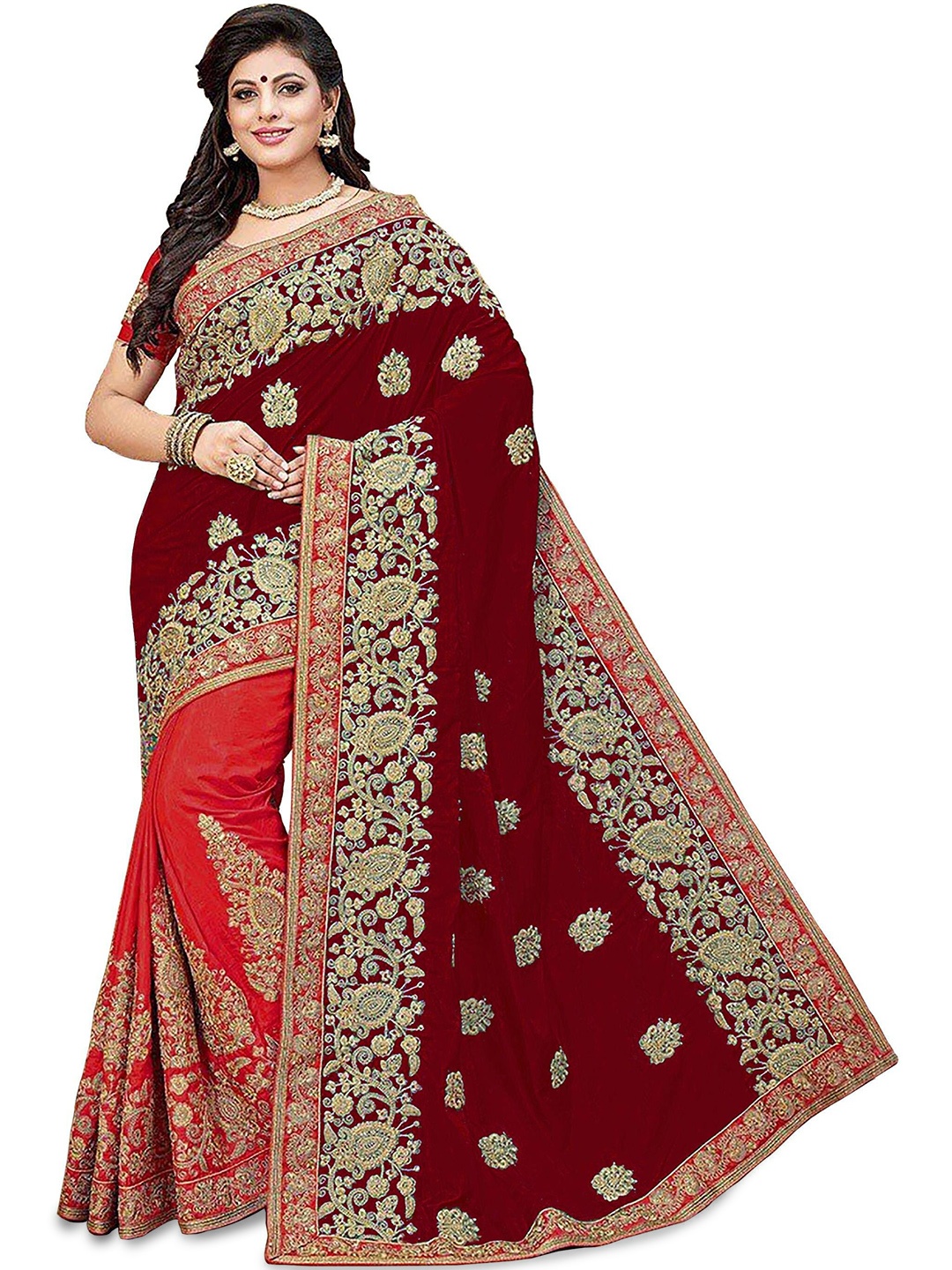 

Kedar Fab Floral Embroidered Half and Half Saree, Maroon