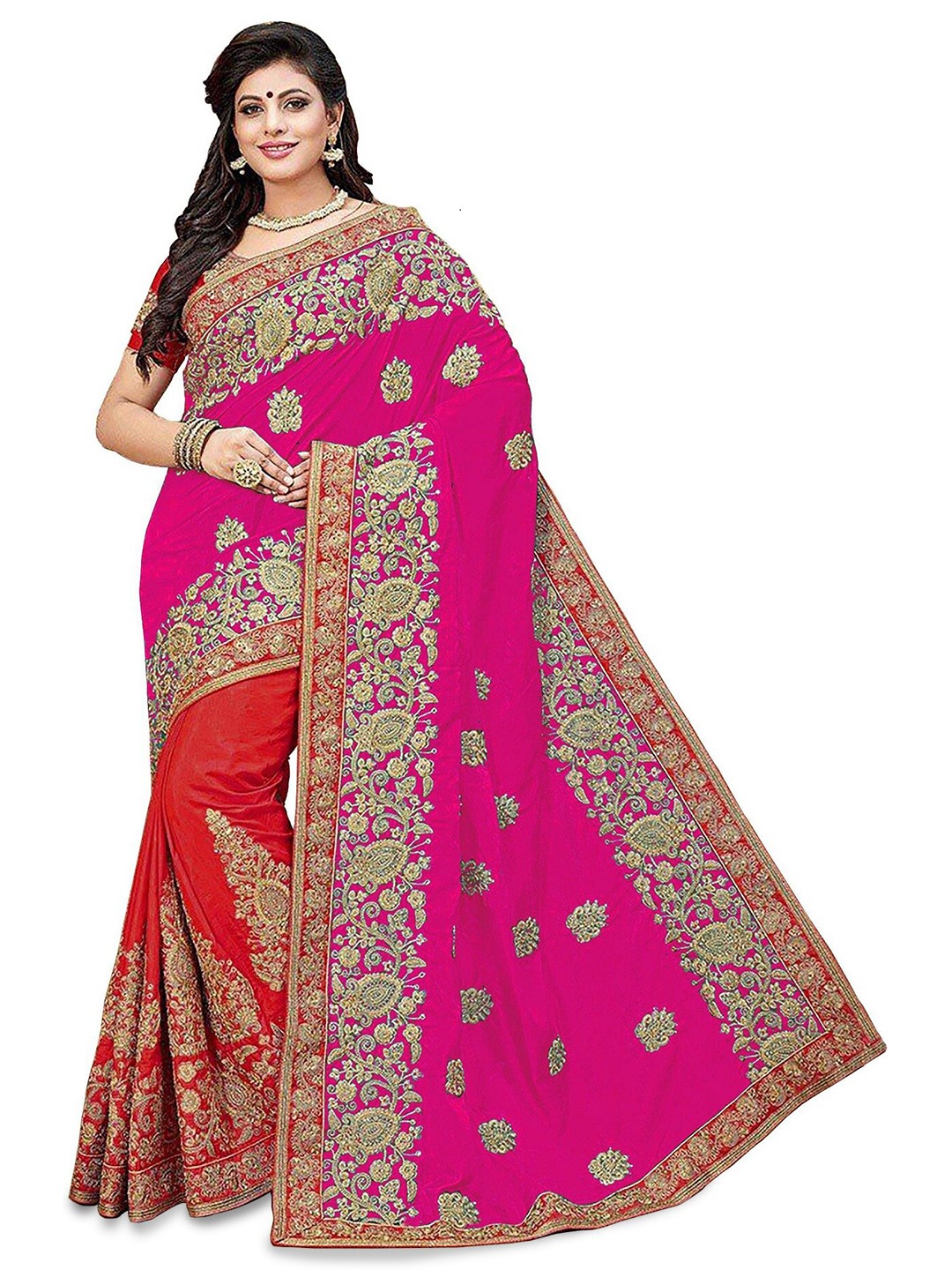 

Kedar Fab Ethnic Motifs Embroidered Saree, Pink
