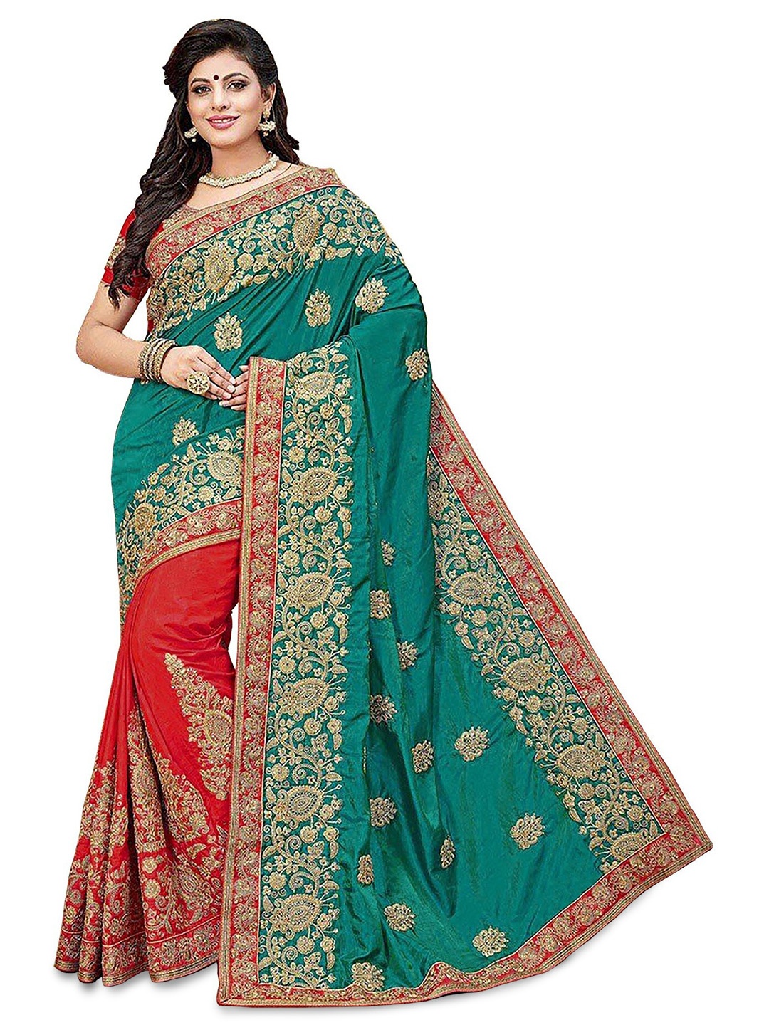 

Kedar Fab Ethnic Motifs Embroidered Saree, Green