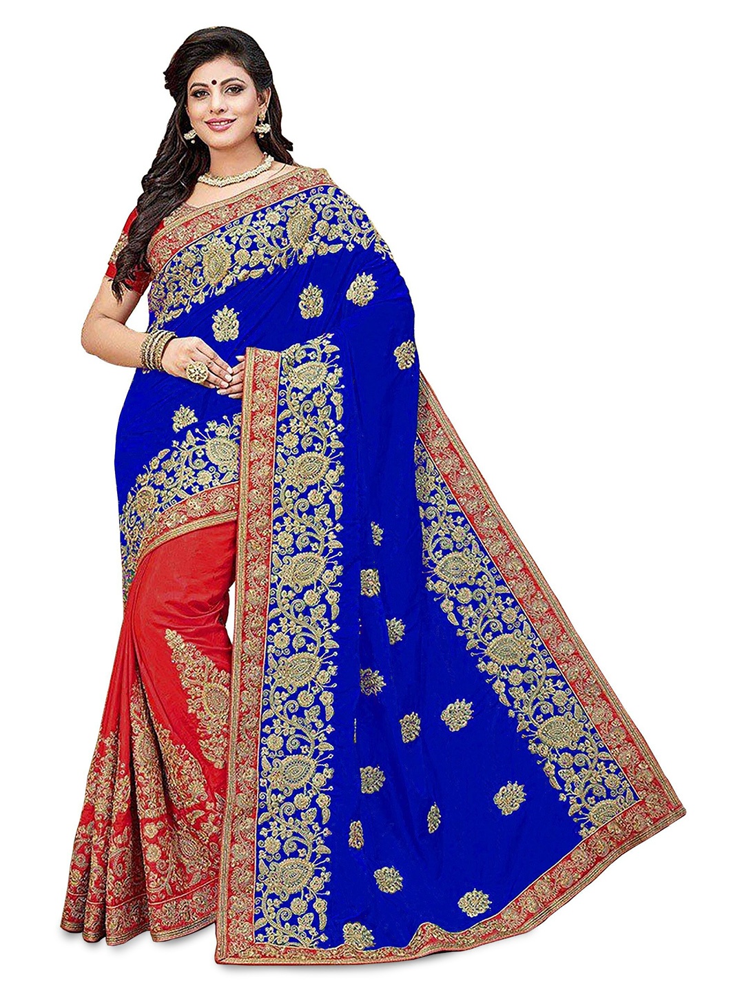 

Kedar Fab Floral Embroidered Half and Half Saree, Blue