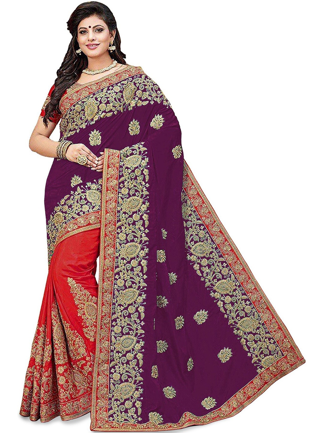 

Kedar Fab Floral Embroidered Half and Half Saree, Purple