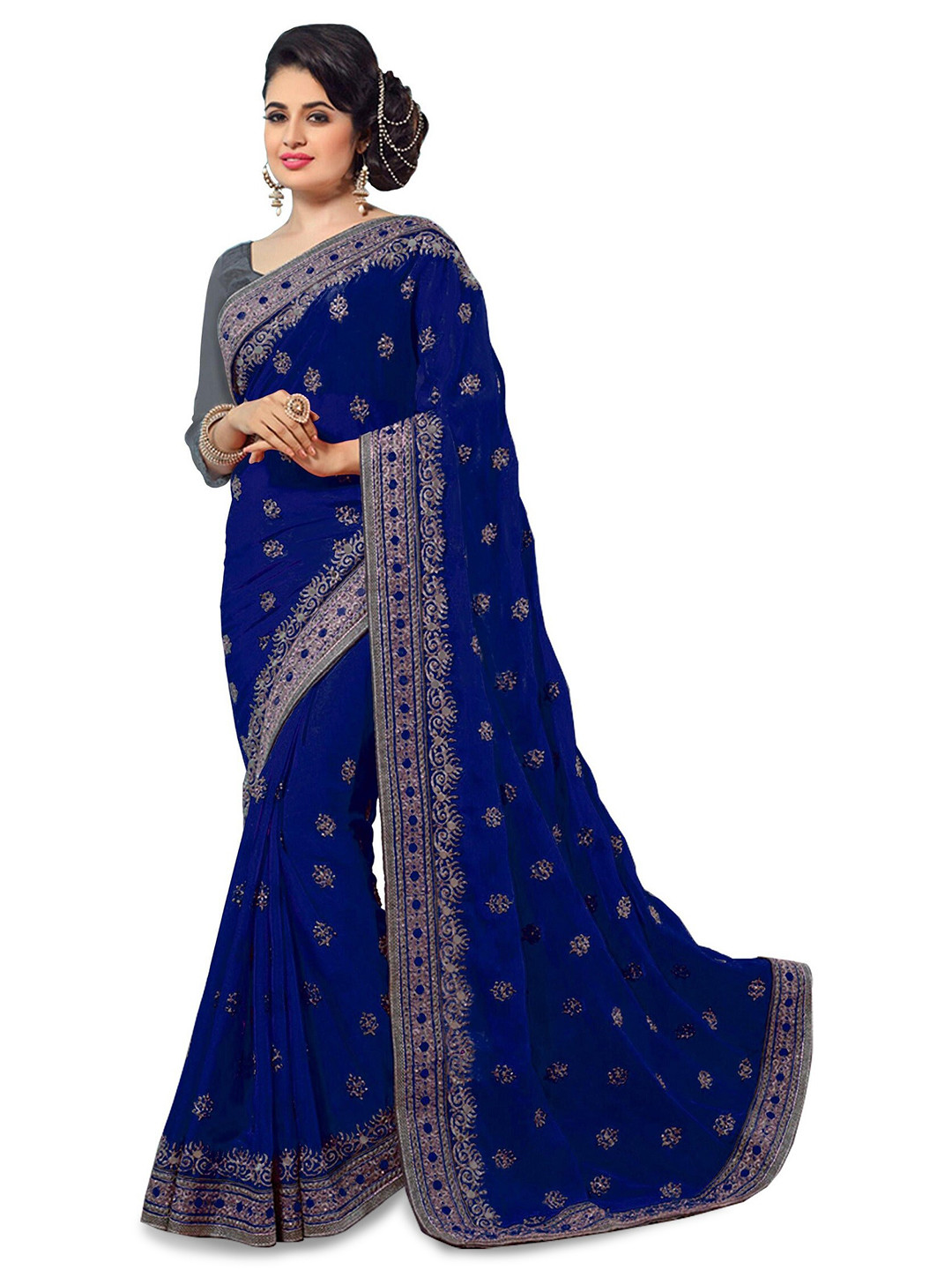 

Kedar Fab Ethnic Motifs Embroidered Saree, Navy blue