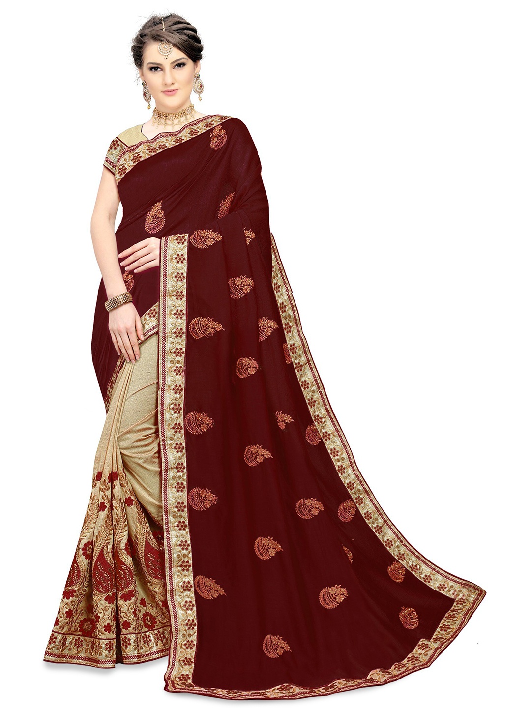 

Kedar Fab Ethnic Motifs Embroidered Half and Half Saree, Maroon