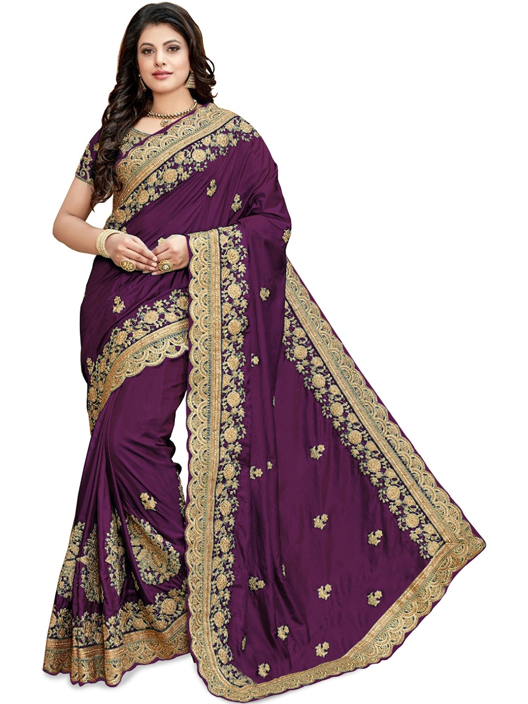 

Kedar Fab Ethnic Motifs Embroidered Silk Blend Saree, Purple