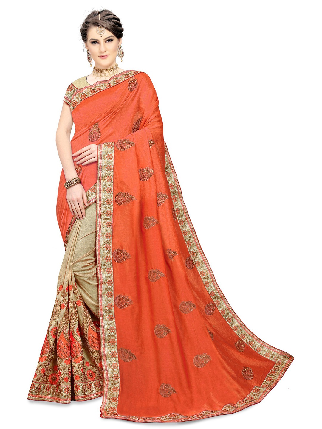 

Kedar Fab Ethnic Motifs Embroidered Half and Half Saree, Orange