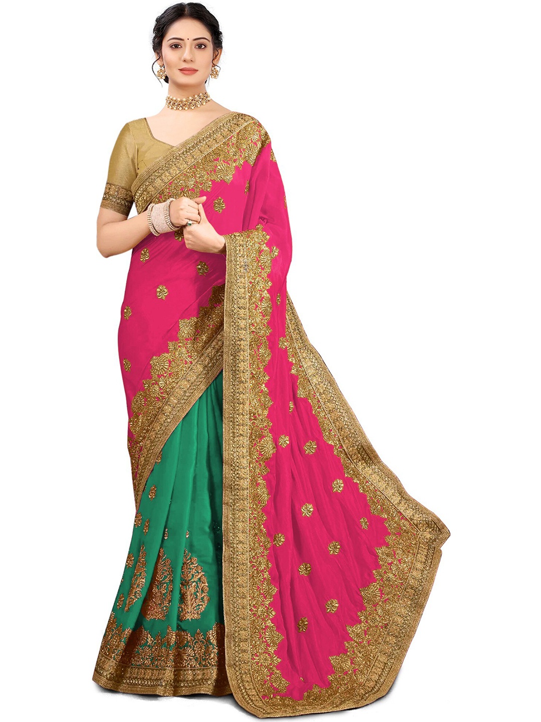 

Kedar Fab Ethnic Motifs Embroidered Half and Half Saree, Pink