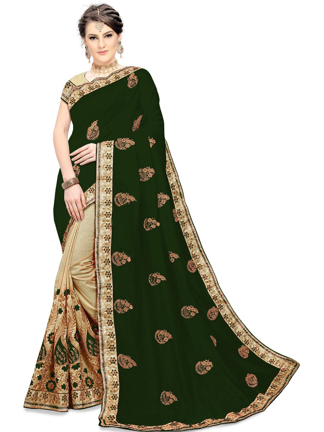 

Kedar Fab Ethnic Motifs Embroidered Half and Half Saree, Green