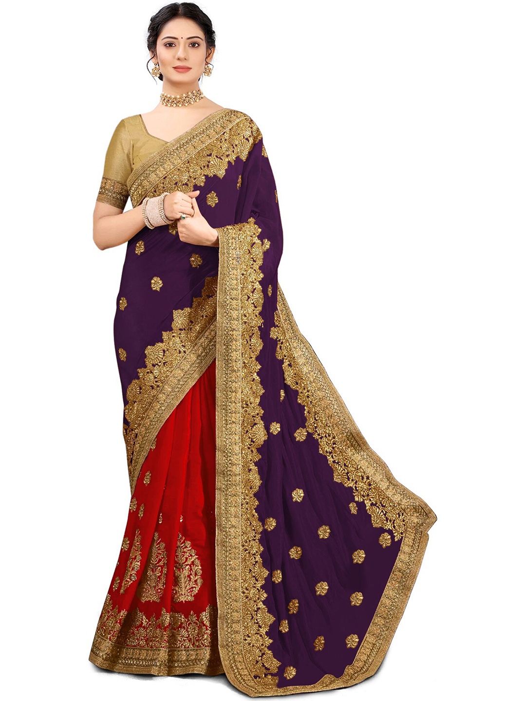 

Kedar Fab Ethnic Motifs Embroidered Saree, Purple