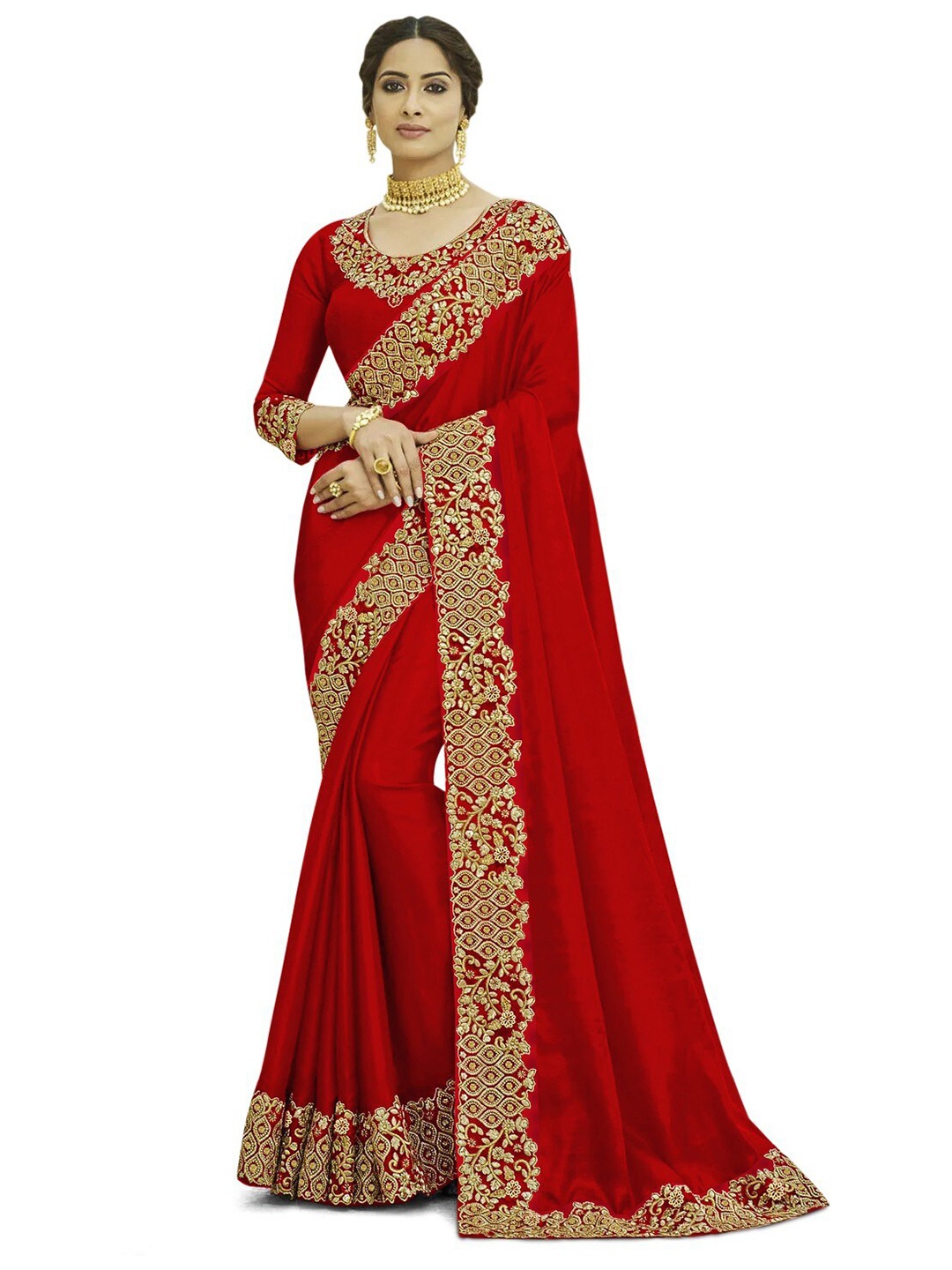 

Kedar Fab Embroidered Silk Blend Saree, Red