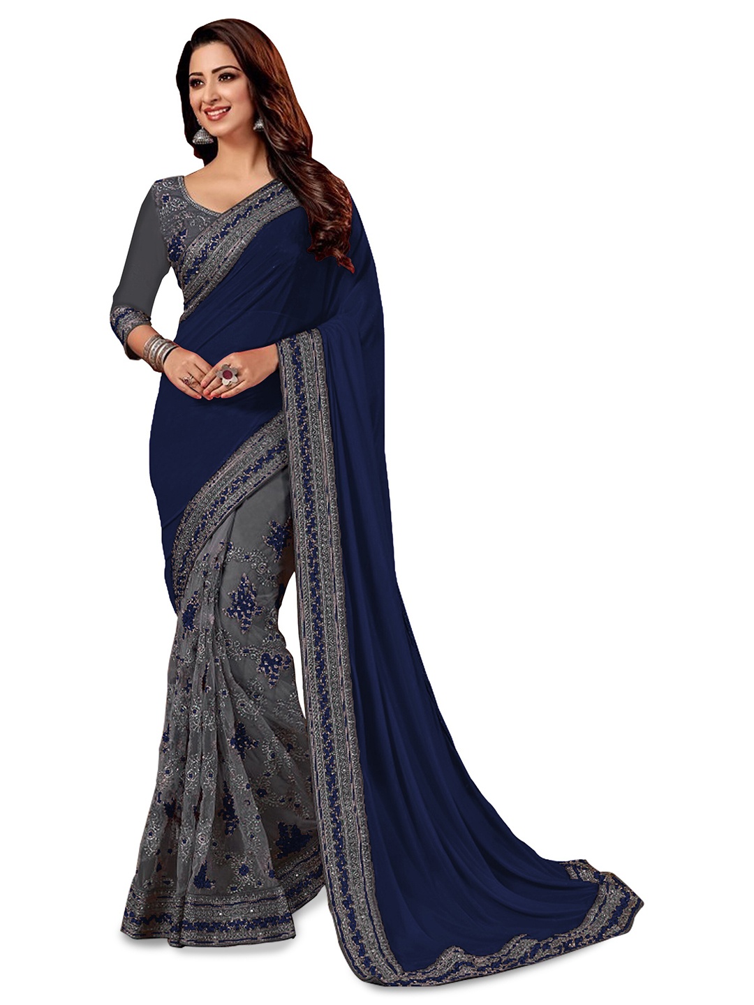 

Kedar Fab Ethnic Motifs Embroidered Silk Blend Half and Half Saree, Navy blue