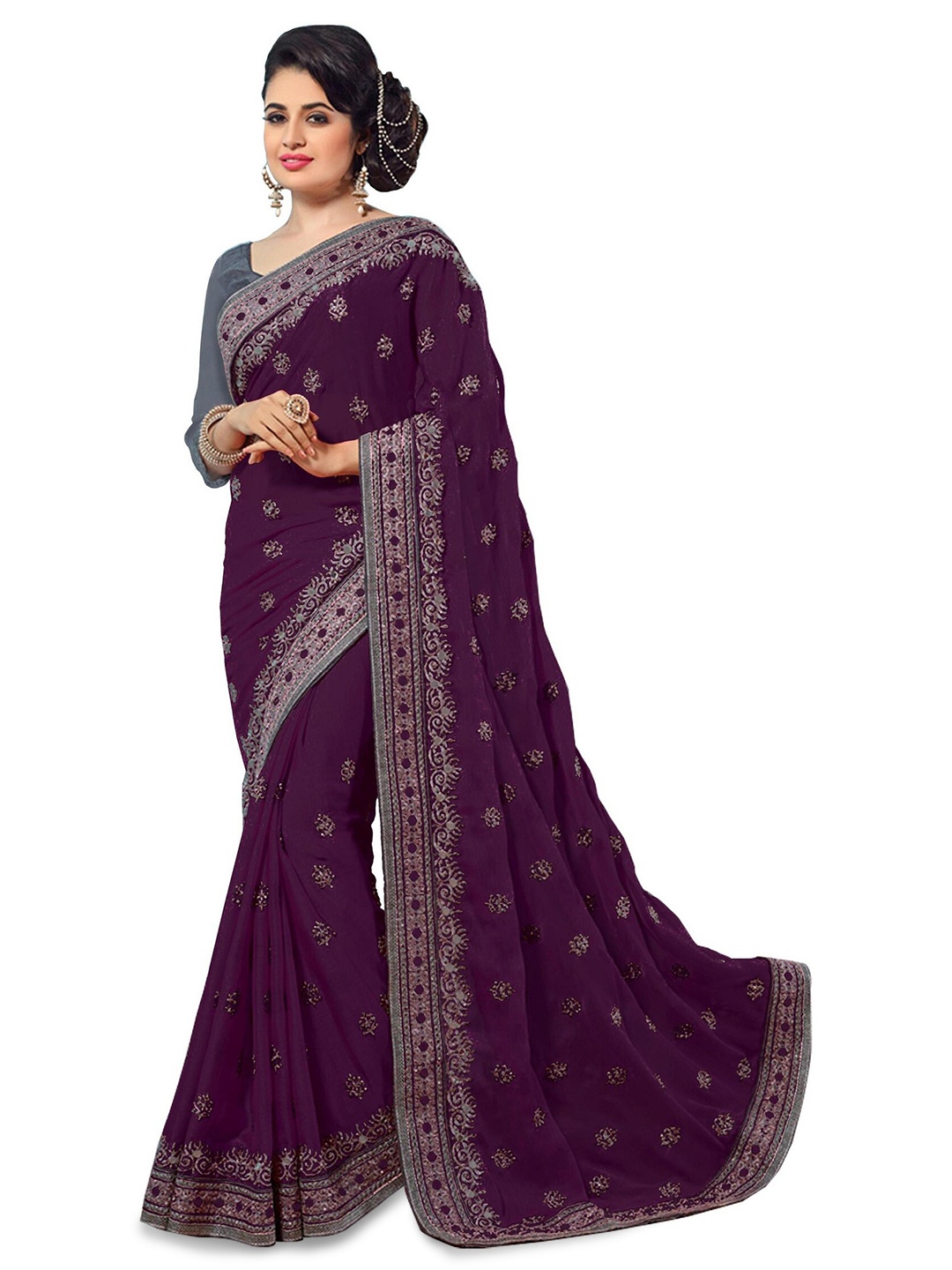 

Kedar Fab Ethnic Motifs Embroidered Saree, Purple
