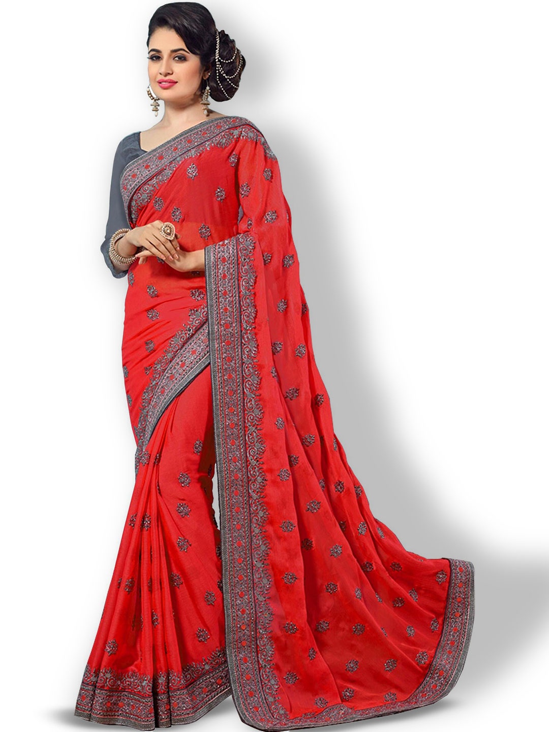 

Kedar Fab Ethnic Motifs Embroidered Silk Blend Saree, Red