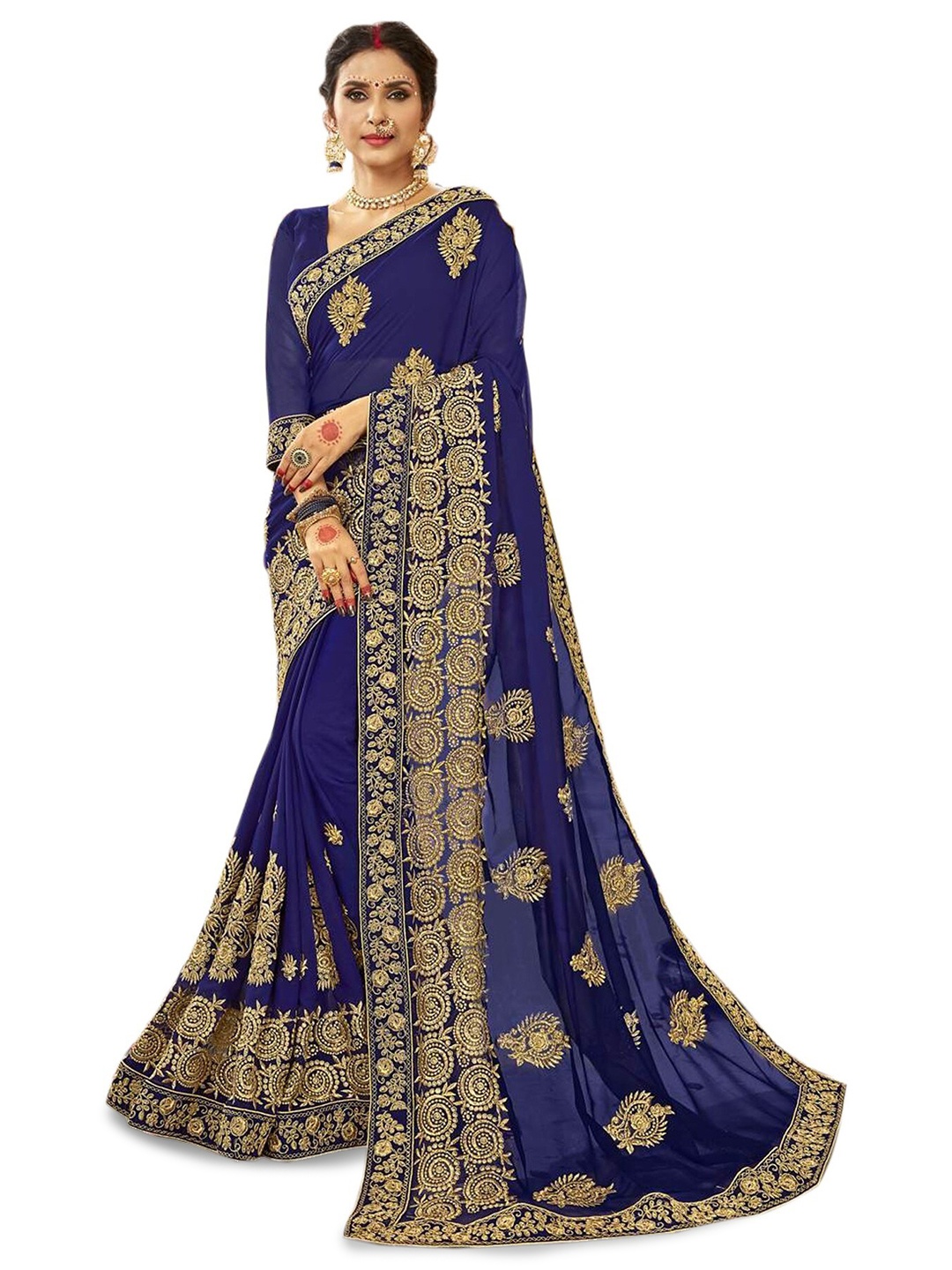 

Kedar Fab Ethnic Motifs Embroidered Saree, Navy blue