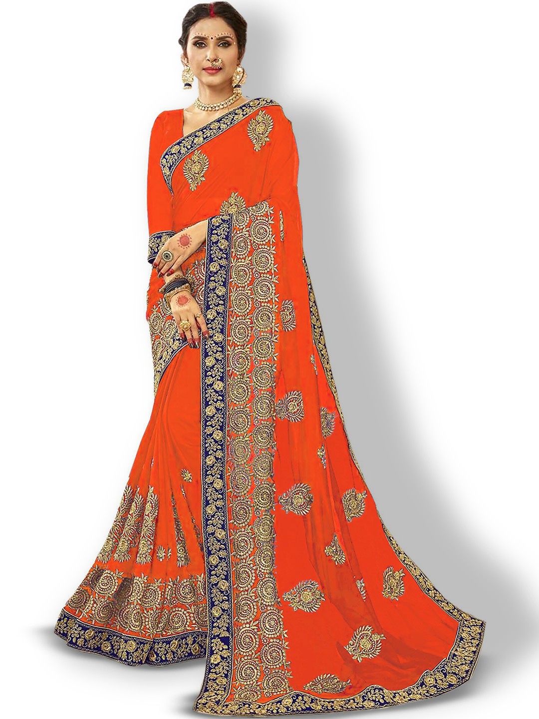 

Kedar Fab Ethnic Motifs Embroidered Saree, Orange