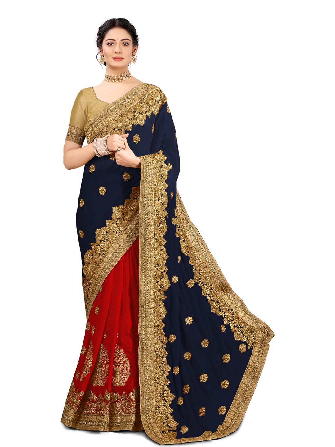 

Kedar Fab Ethnic Motifs Embroidered Half and Half Saree, Navy blue