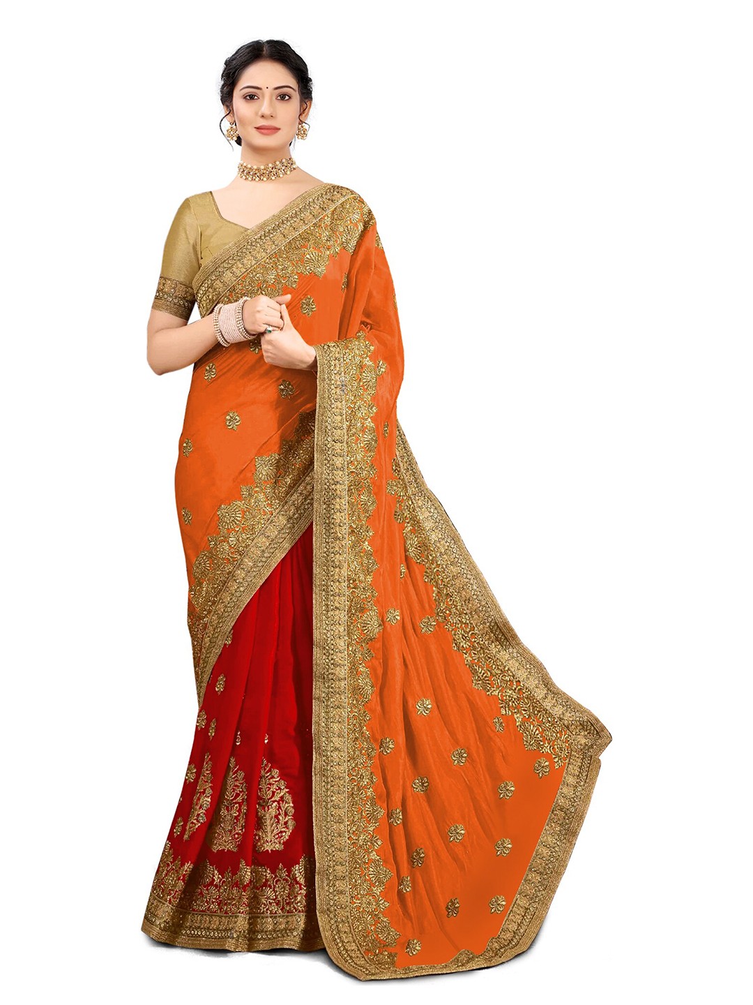 

Kedar Fab Ethnic Motifs Embroidered Half and Half Saree, Orange