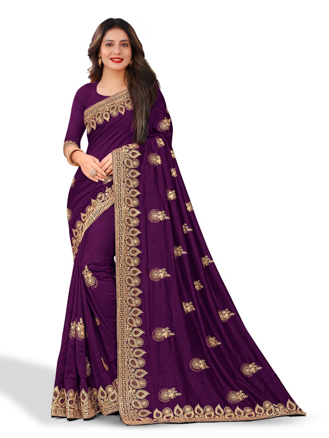 

Kedar Fab Ethnic Motifs Embroidered Saree, Purple