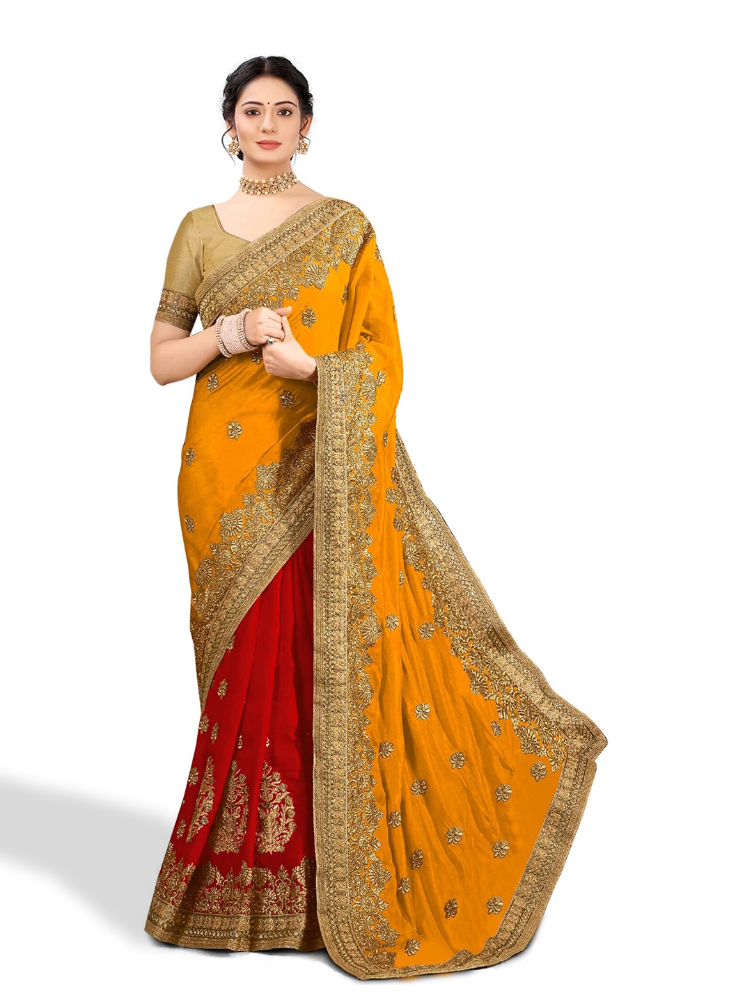 

Kedar Fab Ethnic Motifs Embroidered Silk Blend Half and Half Saree, Yellow